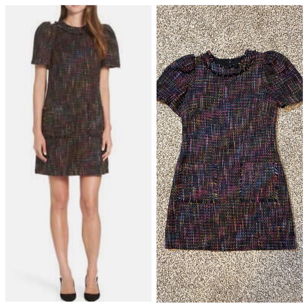 1901 Black & Rainbow Tweed Dress Short Sleeves Front Pockets & Frayed Details